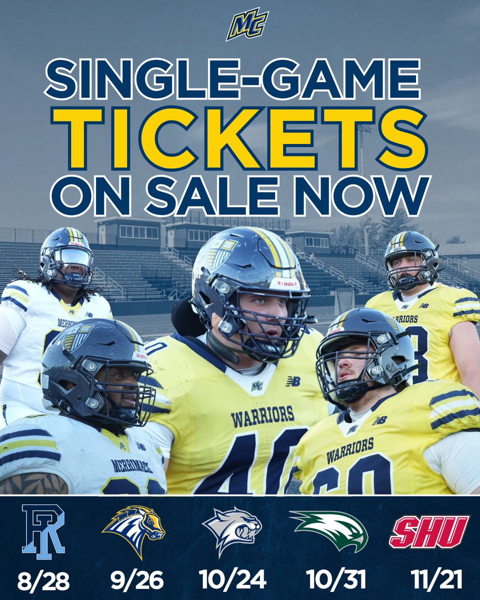 MC_Athletics's tweet photo. 🚨 TICKET UPDATE 🚨

The Merrimack Warriors football team has released single-game tickets for the five home games at Duane Stadium during the 2026 season. 

The home slate is highlighted by "Homecoming, Reunion & Alumni Weekend" on Sept. 26 and "Family Weekend" on Oct. 24.

🎟️ Purchase tickets here: https://t.co/Ra7gWpIye2