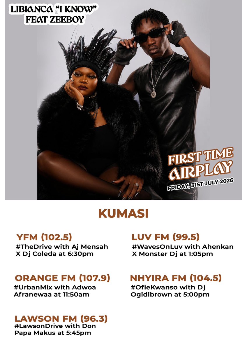 SabogSa's tweet photo. Kindly Clip your dials on these listed radio stations tomorrow (Friday 31st July),if you’d want to be part of the first people to hear the incoming single by Cameroonian singer,Libianca which features Zeeboy titled “I KNOW”

Shout outs to all the radio stations,presenters and djs https://t.co/IE1pPneTmy