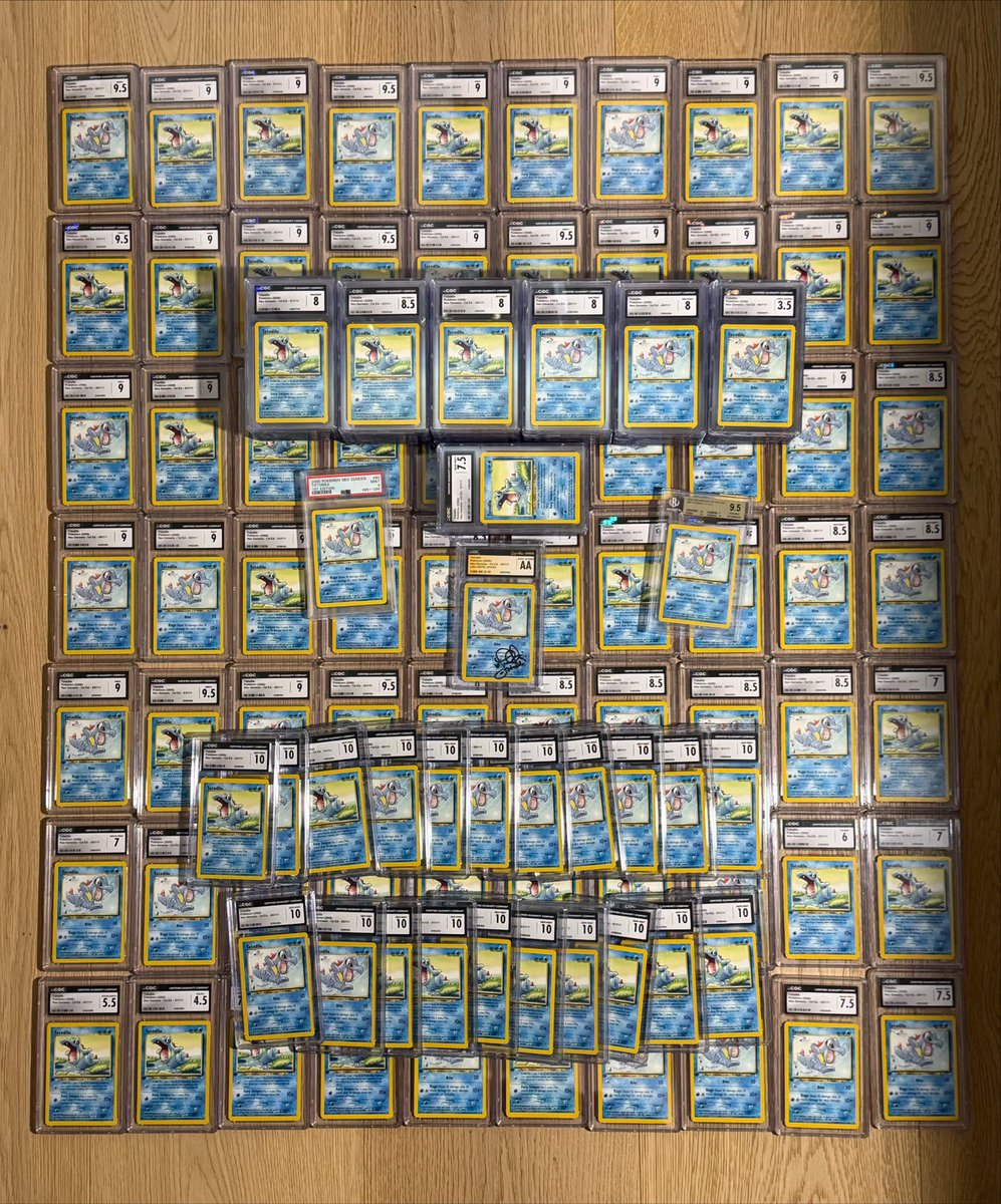 totodile_king's tweet photo. 147 graded Neo Genesis 1st Ed Totodiles.

Featuring 21 CGC 10’s and an obscene number of CGC 9’s

I am the Totodile King. https://t.co/bniVy34PFJ