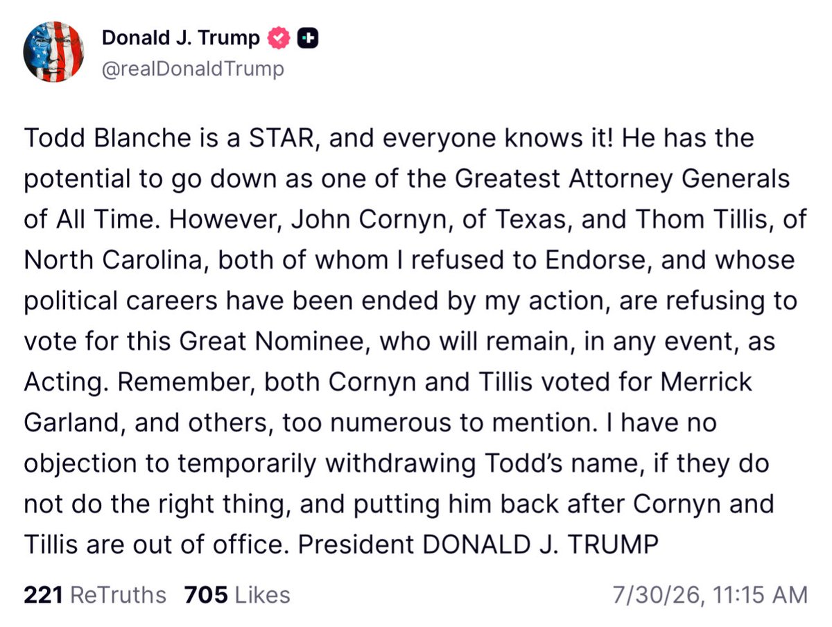 patriottakes's tweet photo. Trump threatens to pull Todd Blanche’s nomination and renominate him after the midterms https://t.co/MXfK9CTyEd