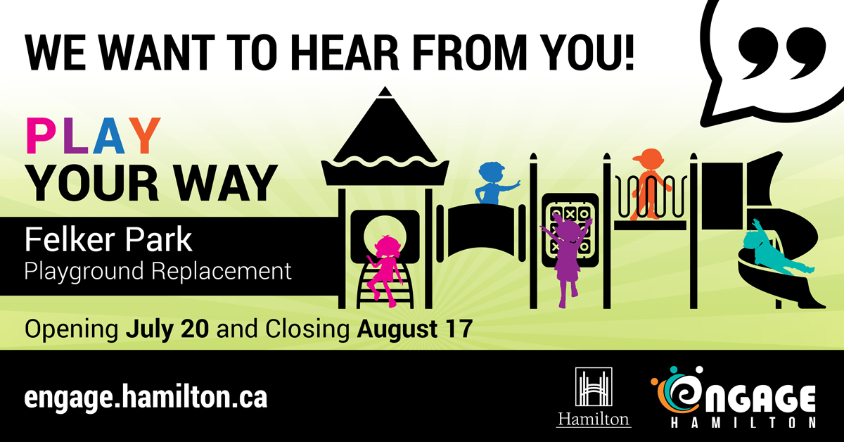 cityofhamilton's tweet photo. Help shape the new Felker Park playground!

We're planning a new playground at Felker Park in Stoney Creek and want your ideas. Tell us what play features you'd like to see by completing our survey. https://t.co/W4P93lOIpw https://t.co/thLi0PDF7o