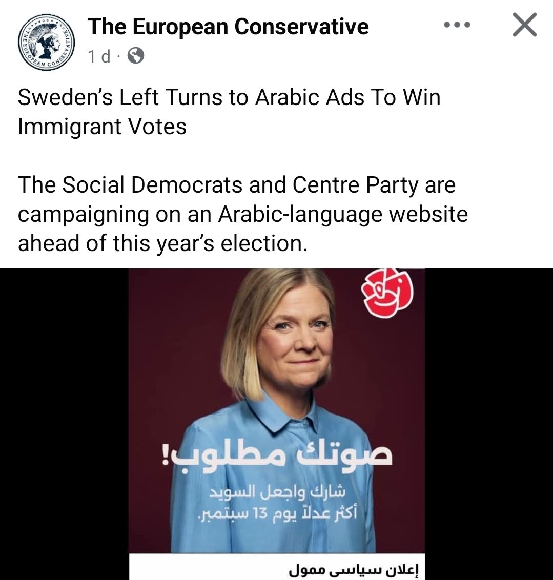 TeodorMG's tweet photo. Är det rimligt att svenska val avgörs av arabiska annonser? Stoppa Socialdemokraternas utförsäljning av Sverige. Rösta på SD! https://t.co/9VzsLRpXrF