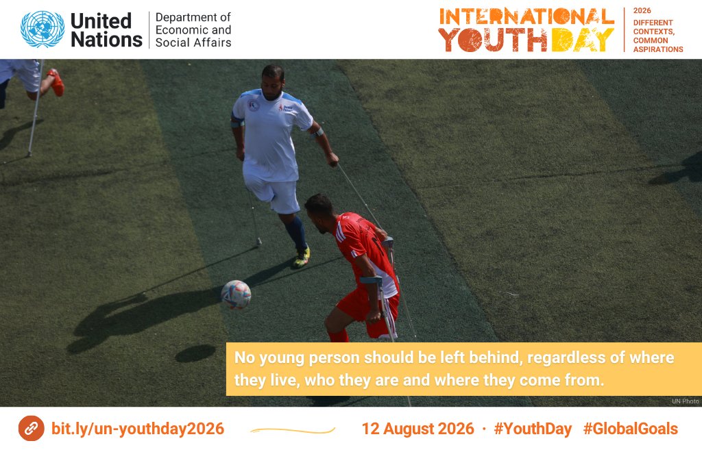 UNDESASocial's tweet photo. 🌎🌍🌏 Wherever they're from, however they show up in the world, every young person deserves the same shot at opportunity, belonging and being heard.
That's what solidarity looks like.
ℹ️ More on International Youth Day 2026: https://t.co/3NSF37WeDV
💬 #YouthDay #GlobalGoals https://t.co/rN77Z7eRLS
