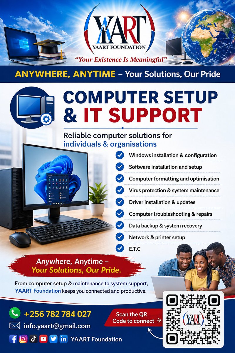 yaartfoundation's tweet photo. COMPUTER SETUP &amp; IT SUPPORT
Reliable computer solutions for individuals &amp; organisations
✓ Windows installation &amp; configuration
✓ Software installation and setup
✓ Computer formatting and optimisation
✓ Virus protection &amp; system maintenance
✓ Computer troubleshooting
E.T.C https://t.co/684Glh0k7L