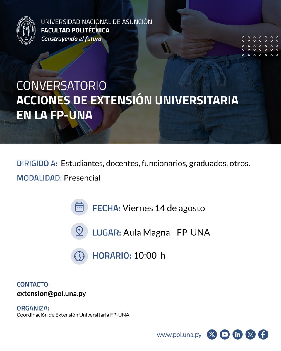 fpuna's tweet photo. 📢 ¡Conocé las acciones que transforman nuestra comunidad universitaria!

📅 Viernes 14 de agosto
🕙 10:00 h
📍 Aula Magna de la FP-UNA https://t.co/4IGXINqgRd