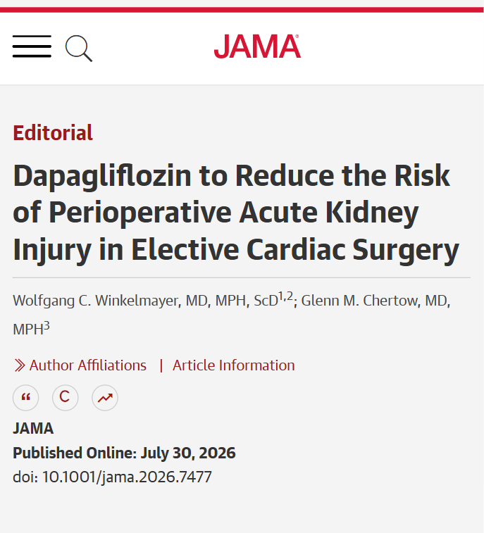 JAMA_current's tweet photo. 💬 Editorial by Wolfgang Winkelmayer, MD, MPH, ScD, and Glenn Chertow, MD, MPH: Perioperative #dapagliflozin reduced postoperative #AcuteKidneyInjury after elective cardiac surgery, supporting further trials of sodium-glucose cotransporter 2 inhibitors for kidney protection. 

https://t.co/eqeqOthmsp