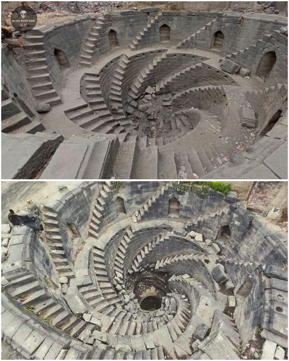 4biddnKnowledge's tweet photo. The Helical Stepwell of Walur in Maharashtra, India, is a remarkable 1,000-year-old water structure distinguished by its spiral design, eight entrances aligned with the cardinal directions, and descending steps that lead toward a central well shaft. Featuring eight Devakoshta niches positioned above the stairways, the stepwell reflects the advanced architectural and water management traditions of ancient India and has recently undergone restoration as part of efforts to revive historic stepwells for water conservation... via We Love Ancient Aliens on FB