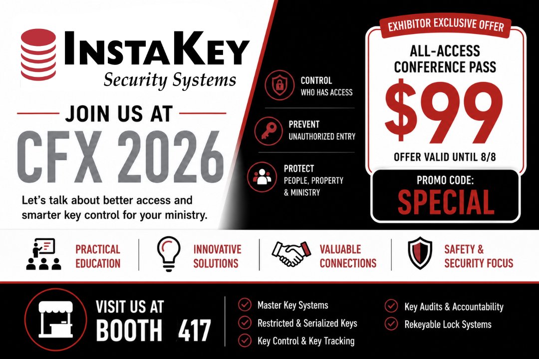 InstaKey's tweet photo. We're excited to exhibit at CFX 2026 and share this special offer:
🎟️ $99 All-Access Conference Pass
Promo Code: SPECIAL (Expires 8/8)
📍 Birmingham, AL
📅 September 14–16, 2026
#CFX2026 #ChurchFacilities #ChurchSecurity https://t.co/NSmwXZd1DE