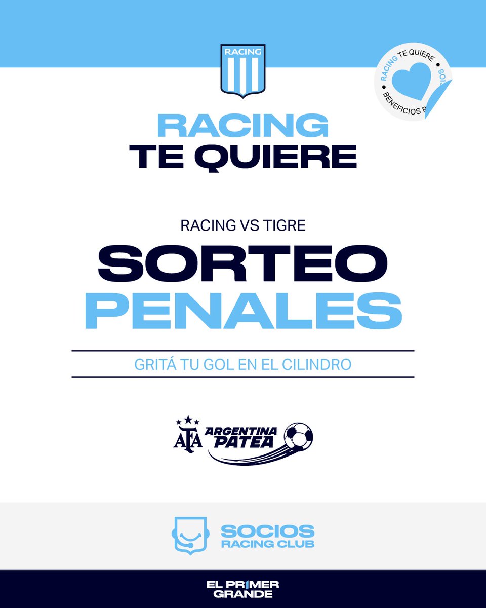 RacingSocios's tweet photo. ⚽ ¿Querés cumplir el sueño de patear un penal en el Cilindro?

Si sos socio/a, mayor de 18 años, armá tu equipo con otros 5 socios/as y participá por la posibilidad de competir en el entretiempo de Racing vs. Tigre, gracias a @argentinapatea 🏟️ https://t.co/ekiZnDhTXm