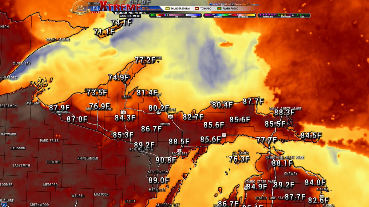 dpnf01's tweet photo. Good morning Michigan! Looking to be like another hot day in store for everyone. Most of the state is currently seeing temperatures in the upper 70's some areas already in the lower 80's. Todays highs are for the 4p hour, the central LP being the hot spot today, Isabella and Midland Co seeing temps around 92.  Continuing to track a line of thunderstorms to the north currently, the UP did see a few rumbles of thunder early this morning with most of that fizzling out around 7a. Another round slowly making it was in, currently up near Isle Royal. Have a great morning and afternoon Michiganders and we will keep you updated throughout the day!