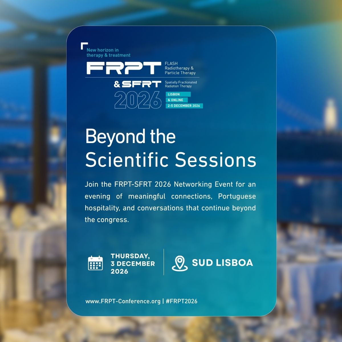 FlashRPT's tweet photo. The conversations don't stop when the sessions end.

Join the FRPT-SFRT 2026 Networking Event on 3 December for Portuguese cuisine, live entertainment, music, and an evening of networking with colleagues from around the world.

🔗 https://t.co/6bz4cQAge6

#FRPT2026 #Lisbon #SFRT https://t.co/Q8DYM2HiGi