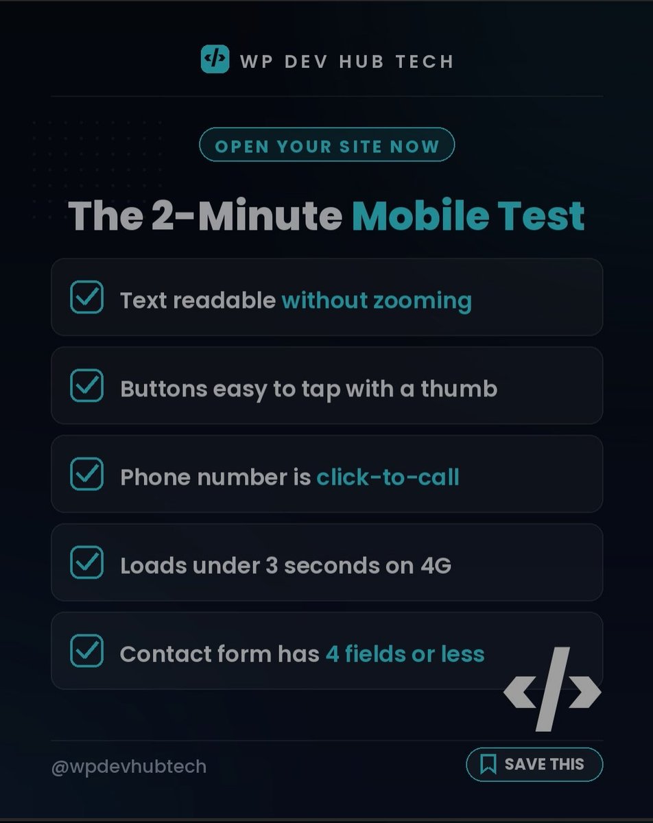 wpdevhubtech's tweet photo. Most visitors are on mobile. 📱
Can your website pass this 2-minute test?
✅ Save this checklist and test your site today.
#WebDesign #WordPress #WebDevelopment #WebsiteTips #MobileFirst #UXDesign #SEO #SmallBusiness https://t.co/2nlqs3azgB