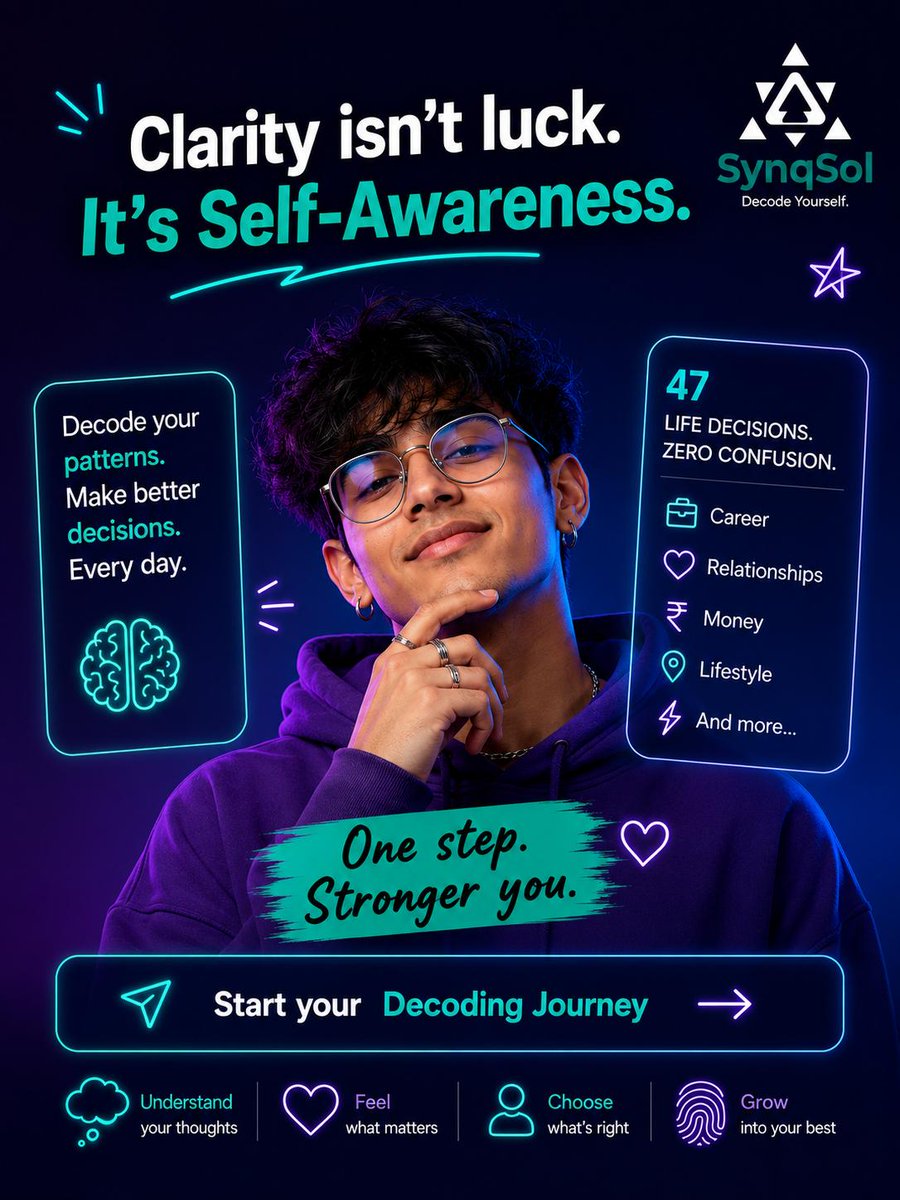 OfficialSynqSol's tweet photo. The main character always knows their own storyline.
Do you know yours?

Website: https://t.co/tZRI9a2Zbx
Download the app:
Play Store: https://t.co/FSrpIih8ZP
App Store: https://t.co/xmYbh8MPAs

#BetterDecisions #DecodeYourself #SynqSol https://t.co/ReG0Ol6cEP