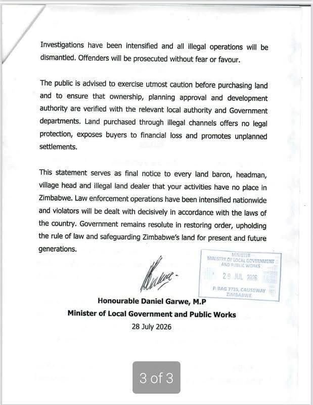 263Chat's tweet photo. Minister of Local Government, Daniel Garwe, has issued a final warning to land barons, chiefs, and village heads involved in the illegal sale of land, ordering them to cease the activities with immediate effect. https://t.co/QYS6WBLT5m