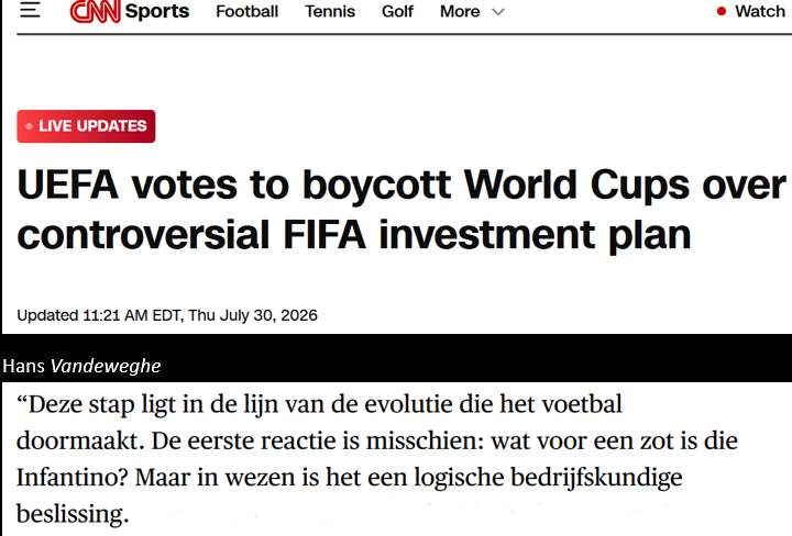 peetersfrank2's tweet photo. Het is zover. 

Alleen Hans Vandeweghe van De Morgen heeft er geen probleem mee dat Infantino miljoenen cadeaus aan #PeacePrize Prize trump schenkt en aan zichzelf https://t.co/GR5yWUGr4Y