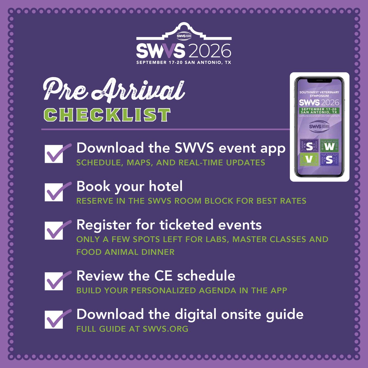 SWVS's tweet photo. Already registered for #SWVS2026? 🤠
Here's your pre-show to-do list:

✅ Download the SWVS App
✅ Book your hotel (deadline Aug 31)
✅ Register for Labs/Master Classes (deadline Aug 1!)
✅ Review the CE Schedule

Sept 17th-20th | San Antonio, TX🐾
👉 https://t.co/XsPpLS1pAa https://t.co/3z8EBMODi4