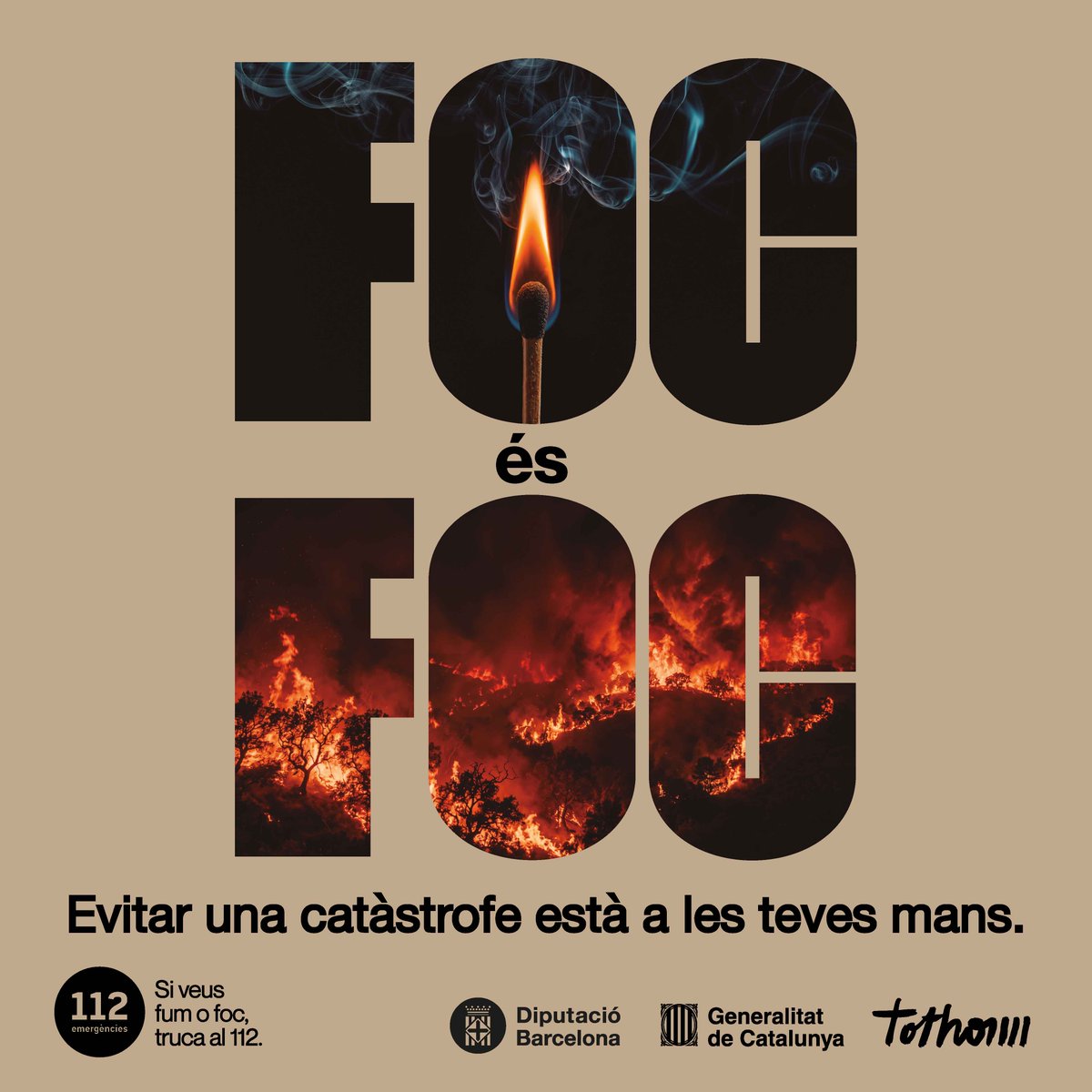 gencat's tweet photo. El foc és sempre foc. Evitar una catàstrofe està a les teves mans.

No llencis burilles.
Evita cuinar o fer foc al bosc.
No utilitzis eines que puguin produir guspires.
Res de pirotècnia a menys de 500 m de zones boscoses o agrícoles.