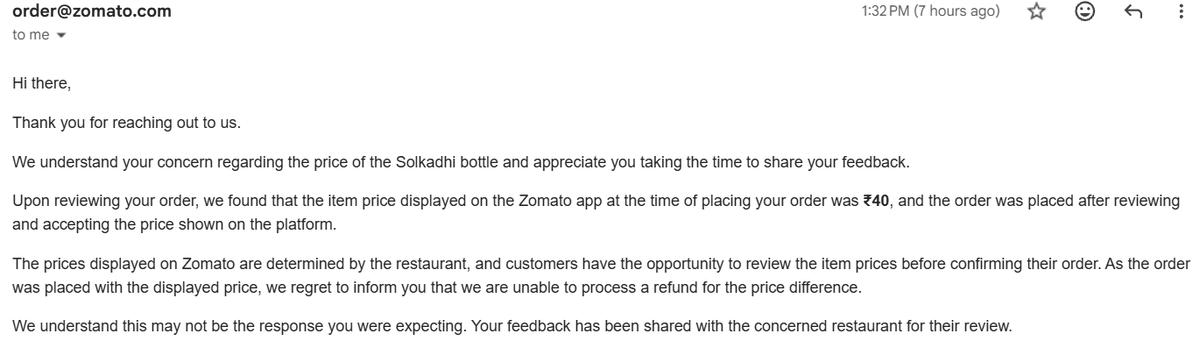 Djharsh2001's tweet photo. Dear @zomatocare,
Today I learned a new math formula:
₹30 MRP + Zomato = ₹40.
Apparently, MRP now stands for "Maybe Retail Price." 😄
Invoice: Z27MHOT062816391 A sealed Solkadhi bottle with a printed MRP of ₹30 was charged at ₹40.
If MRP is optional, kindly let everyone know https://t.co/Oz0hUNfGWB