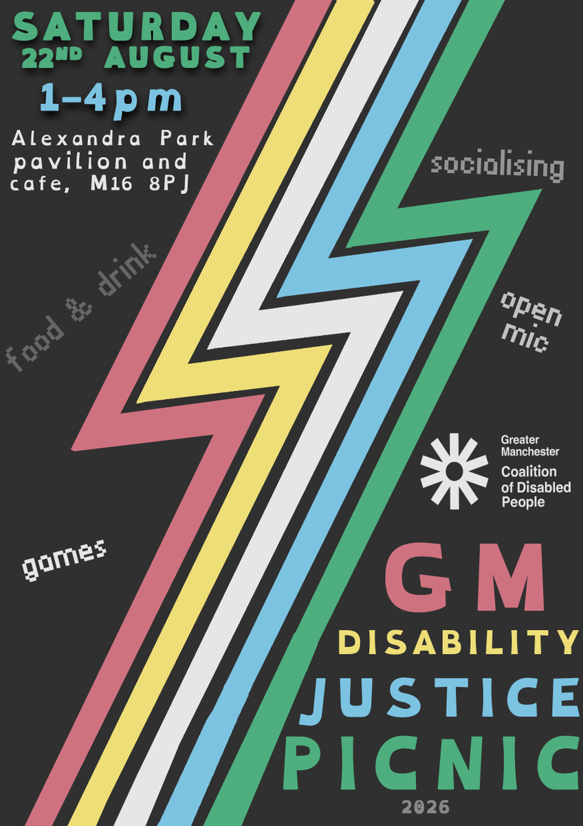 GMCDP's tweet photo. GM Disability Justice Picnic
1-4pm, Saturday 22nd August
Alexandra Park Pavilion &amp; Cafe M16 8PJ
Food, Drink, games, socialising, open mic. https://t.co/eZhw3mw4XW