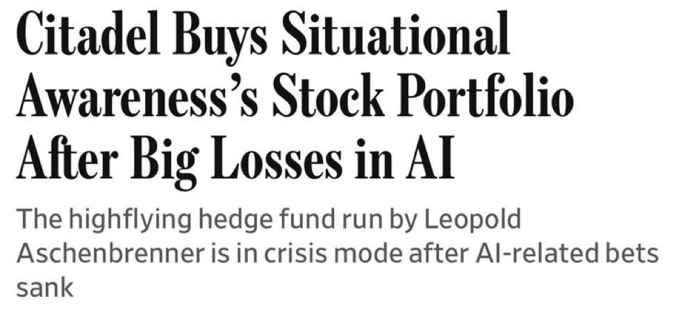 MelvinInvests's tweet photo. This is WILD!

Citadel manipulated the entire market along with Leopold's portfolio and now Ken Griffin's shop is scooping up the wreckage.

Citadel previously called for the Fed to hike rates, a signal that helped drive AI stock prices lower across the board but Citadel knew all along the Fed wouldn't actually hike.

Leopold Aschenbrenner's Situational Awareness fund, which had been up as much as 270% earlier in 2026 and grew past $20 billion in assets, got caught directly in that downdraft and the fund is reportedly now in crisis mode after its AI-related bets sank.

Citadel is now buying Situational Awareness's stock portfolio outright, essentially stepping in as the buyer of last resort for a fund that had built massive concentrated positions in names like CoreWeave, Core Scientific, Iris Energy, Vistra, and Applied Digital.

That portfolio was extremely top heavy, with CoreWeave alone making up over 25% of the fund's weight, Core Scientific over 16%, and Iris Energy over 15%, meaning when AI infrastructure names got hit in this rout, the concentration turned a sector pullback into a fund-threatening drawdown.

The dark irony people is that Citadel may have helped set the conditions for the selloff through its rate hike calls, then ended up buying the exact portfolio that got wrecked by it.

Congragulations Hedge funds win again and the only loser in all of this is retail who got manipulated and panic sold

Make sure to follow me @melvininvests for more insights!