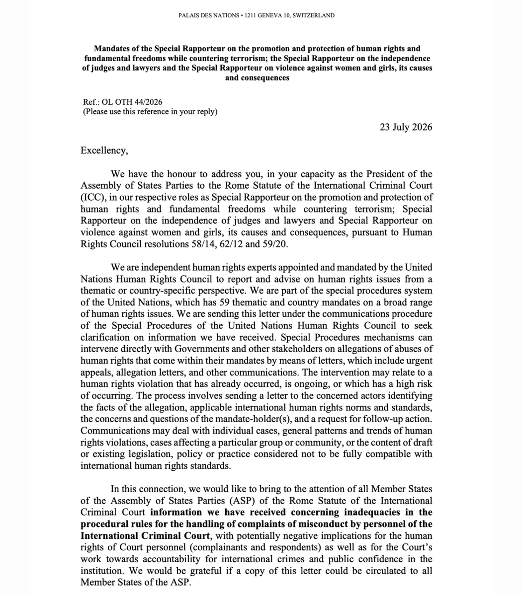 UNWatch's tweet photo. No Joke: Reem Alsalem, the UN “expert” on violence against women who has repeatedly denied the Hamas atrocities against Israeli women, now complains of “inadequacies” in the removal process of Qatar-backed ICC chief prosecutor Karim Khan for sexually assaulting an employee.
