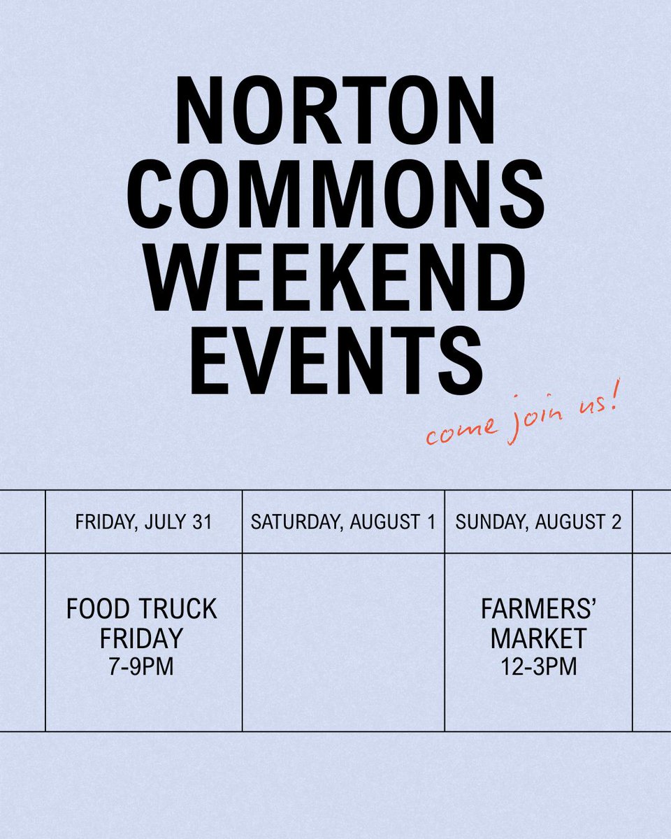 NortonCommonsKy's tweet photo. ✅  Food Truck Friday
Friday, July 31 7-9pm
North Village Market
Music: Rockin' Cowboys
Food &amp; Drink: Alchemy, Flavaville Food Truck, West Sixth

✅  Farmers’ Market
Sunday, August 2 12-3pm
North Village Market
#NortonCommonsLife https://t.co/pf1gfa5aS3