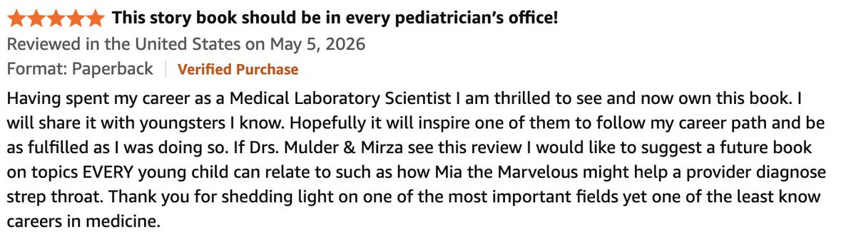 KMirza's tweet photo. A small update, and a big THANK YOU!

We have several 5⭐️ reviews! One reviewer said she wants to share Mia the Marvelous Lab Explorer with young people in the hope one of them follows her into the field. That is the whole reason Lotte Mulder and I wrote it!

#MissionMarvelous has now raised just over $3,000 to put copies into childhood cancer clinics, hospital libraries, and classrooms. Every dollar came from someone who decided a kid somewhere deserved to understand what was happening inside their own body.

Thank you for carrying this further than we could have.

#MissionMarvelous #IMetMia @themuldermethod