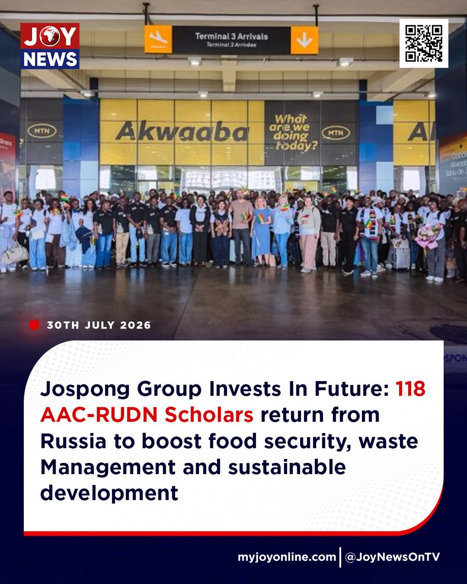 JoyNewsOnTV's tweet photo. Jospong Group Invests In Future: 118 AAC-RUDN Scholars return from Russia to boost food security, waste Management and sustainable development

Details here: https://t.co/D0NuprjUbF

#JoyNews #GhanaNews #JospongGroup #Joy997FM #Myjoyonline https://t.co/x1wvgAfnHl