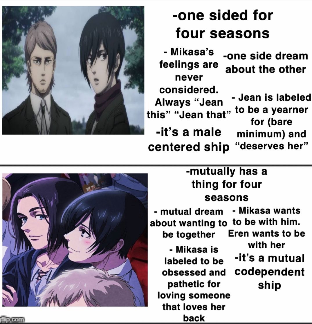 mikasababymama_'s tweet photo. Ppl in the aot fandom will try to convince you that the top one is “peak romance” https://t.co/OkbP86By8O