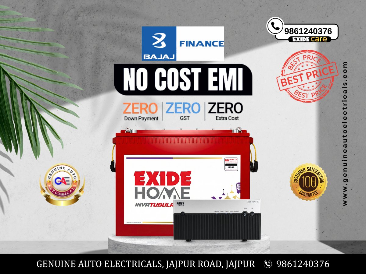 GenuineAutoEle's tweet photo. Power Your Home with Exide – Now on No-Cost EMI! 
Looking for a reliable power backup solution? Get a genuine Exide Inverter &amp; Battery from Genuine Auto Electricals, an Authorised Exide Care Service-Empowered Dealer in Jajpur Road, Jajpur. https://t.co/Vv66RWqTpI