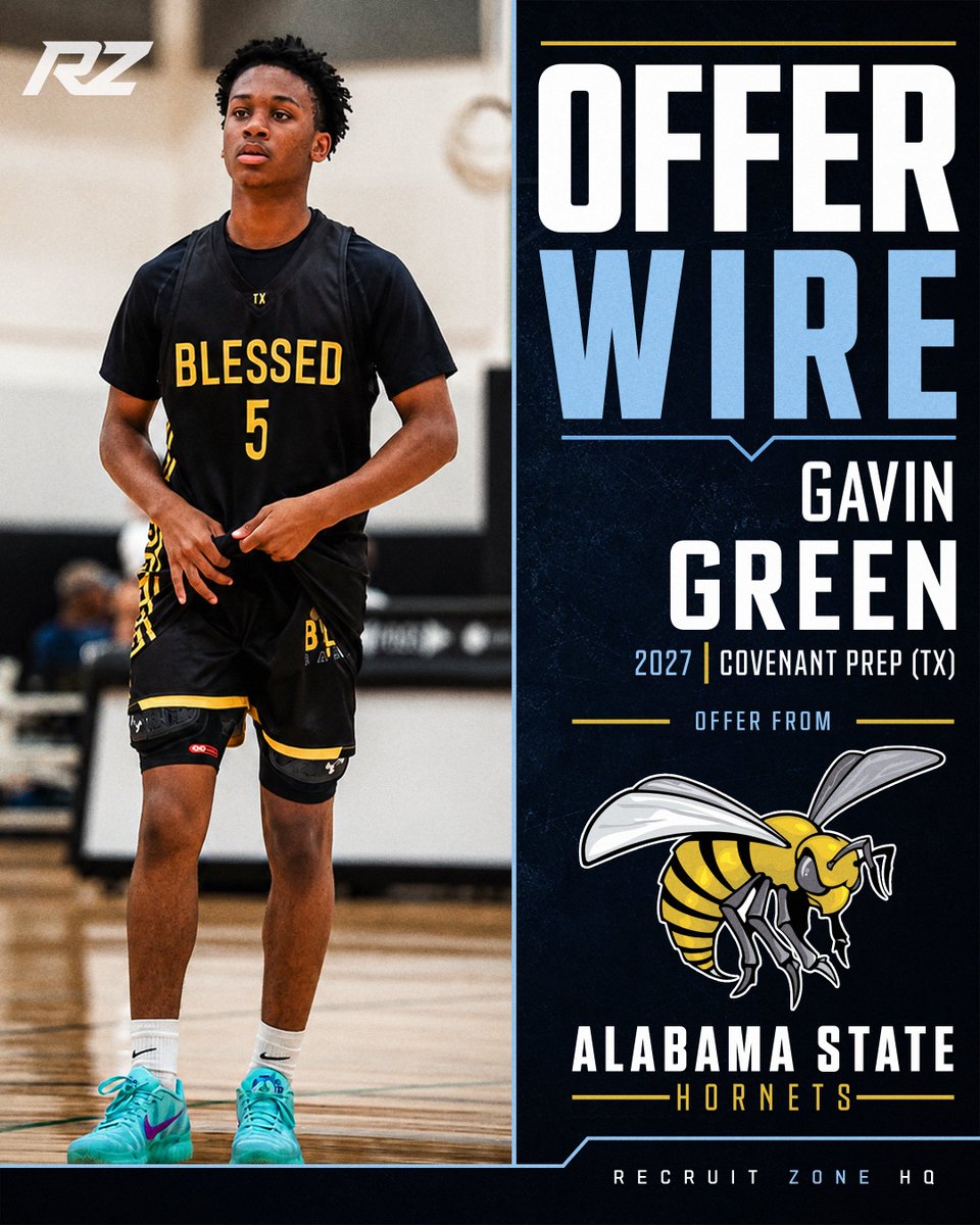 RecruitZoneHQ's tweet photo. 🚨 OFFER WIRE 🚨

Gavin Green (@gavin_greenn) 
2027 | Covenant Prep | (TX) 5’10 Guard

➜ Alabama State (@BamaStateMBB)