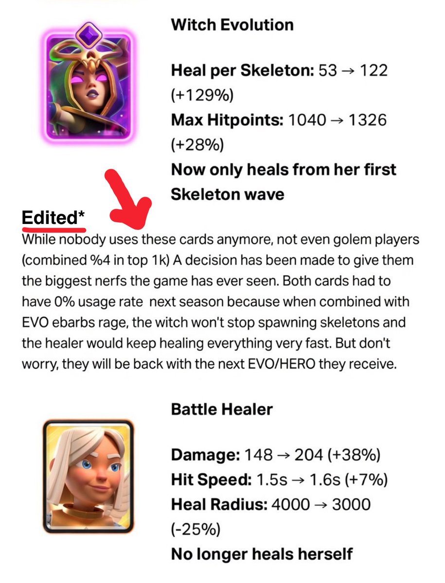 nerffurnace's tweet photo. @Julesy237 Unfair, You have time to fix this,this will destroy many fun decks and many players would quit(Jynxzi) The EVO witch heals to full health anyways when put at the back till it reaches.Golem attack(battle healer connected)= no health for dragons or healer? 
#clashroyale https://t.co/YHVT2nMKhn