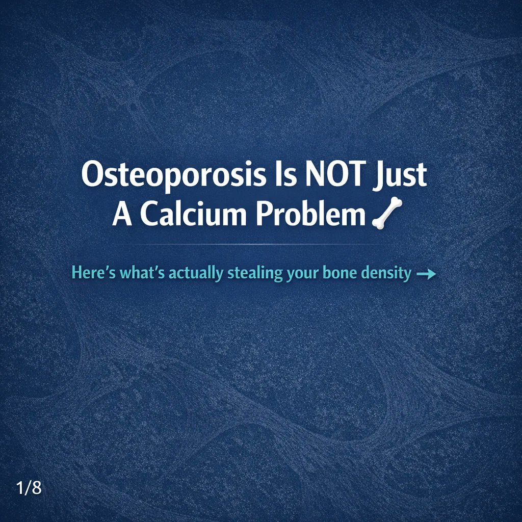 EKtwit1's tweet photo. 🦴 Most people treat osteoporosis like a "calcium problem." It's https://t.co/MWoaH3lUBH's a SYMPTOM — and until you find what's STEALING your minerals, nothing will https://t.co/pdfQObLlQX are the 6 real root causes most doctors don't screen for 🧵👇

1/ Hormonal shifts — Not just menopause. Low progesterone, testosterone, or thyroid imbalances all accelerate bone loss.

2/ Chronic stress — Elevated cortisol & PTH act like a constant "withdrawal" from your bone bank.

3/ Under-fueling — Low-carb, under-eating, or over-training sends a famine signal. Your body sacrifices bone density to survive.

4/ Nutritional gaps — Calcium form matters (hydroxyapatite). But also: Vit D, K2, Magnesium, Boron & protein all play critical roles.

5/ Malabsorption — Celiac, low stomach acid, or long-term PPIs = you're eating the right things but absorbing almost none of it.

6/ Medications — Steroids, certain antidepressants, PPIs & blood thinners silently thin bones over time.

Stop guessing. Start investigating.
Want the full protocol — dosages, the right forms & one "secret weapon"?
👉 Book a FREE consultation https://t.co/o3juaCzoHX Save & share this if someone you know needs it 🔁