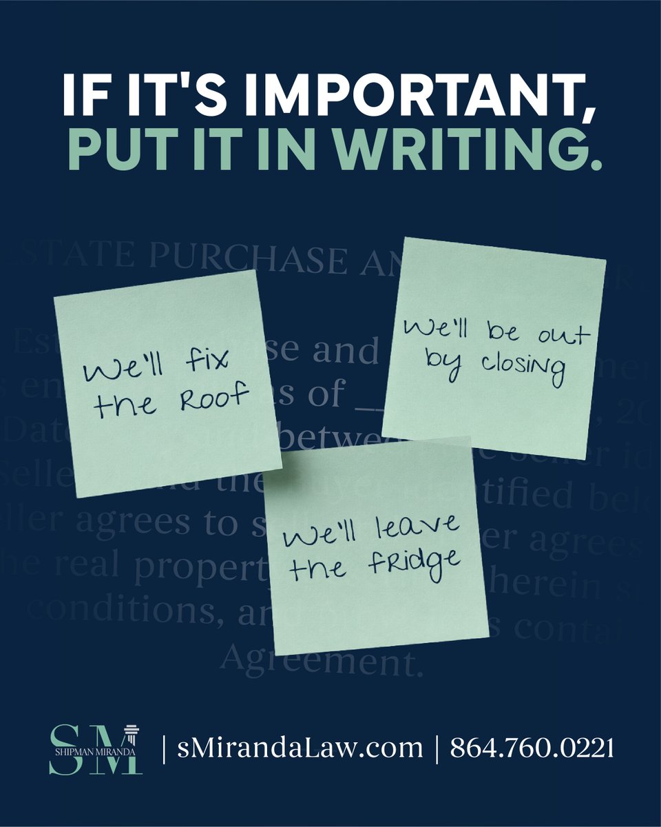 ShipMirandaLaw's tweet photo. Get every important detail in writing. Shipman Miranda helps buyers and sellers move from contract to closing with confidence.

864.760.0221 | https://t.co/lMcfnzBfZT

#ShipmanMirandaLaw #LawyerLife #Lawyer #Attorney #Legal #SCLaw #RealEstate #RealEstateLaw https://t.co/3hl4fGBCYT