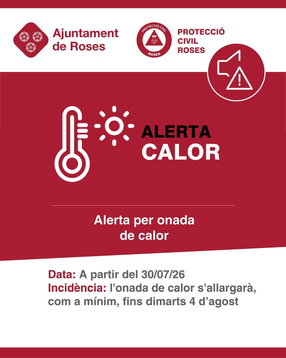AjRoses's tweet photo. ⚠️ Segons les previsions del Servei Meteorològic de Catalunya, l'episodi de calor es mantindrà almenys fins a mitjans de la setmana vinent.
⭕ Aquest dijous és el dia més crític de l'episodi. També s'han emès avisos per calor nocturna.
#aRoses https://t.co/rjVMrKVPtC