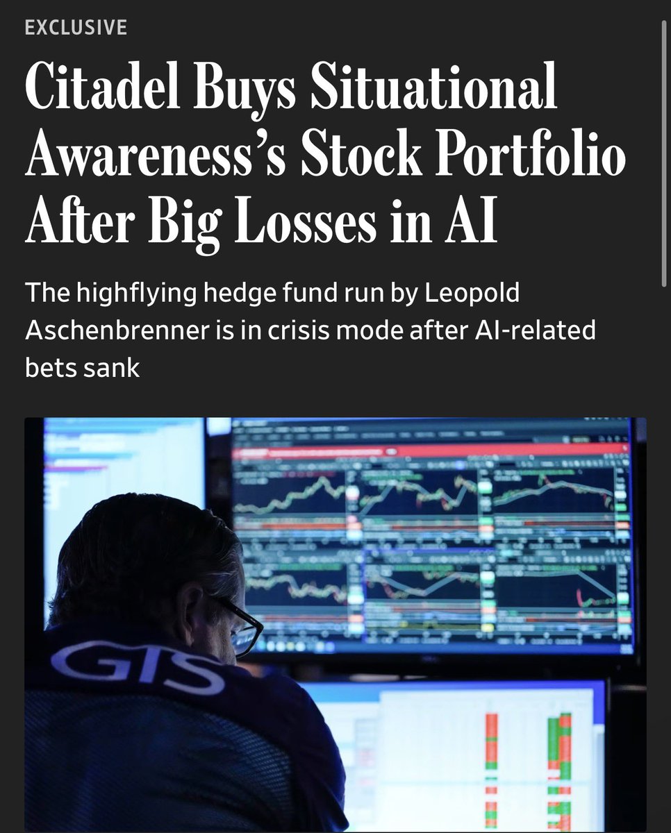 fintechfrank's tweet photo. Wow.

AI-focused hedge fund Situational Awareness has reportedly sold the bulk of its public equity portfolio to Citadel after suffering steep losses.

The firm is also said to be seeking fresh capital while retaining its private investments, including Anthropic. https://t.co/eyp0gk5kFk