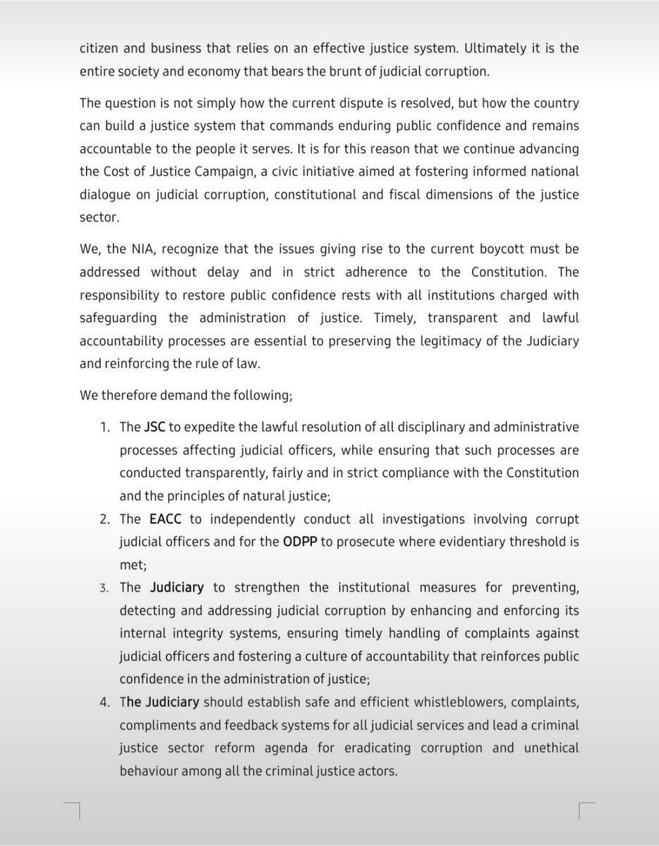 TISAKenya's tweet photo. "What does it cost when public confidence in the justice system begins to erode?"

The administration of justice is a public necessity. Unresolved corruption, delayed disciplinary processes, and lack of transparency undermine the rule of law for every mwananchi.

When judicial integrity erodes, everyday citizens pay the price.

As National Integrity Alliance , we demand:
📌 Swift, transparent JSC disciplinary processes.
📌 Independent EACC investigations and prompt ODPP prosecution.
📌 Robust protection and reporting channels for whistleblowers.

#CostOfJustice #CivicAction #TISA
#hakiyanani