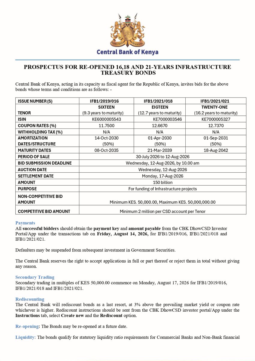 CBKKenya's tweet photo. Prospectus for Re-Opened 16, 18 and 21-Years Infrastructure Bonds https://t.co/fJrnhhn6tF