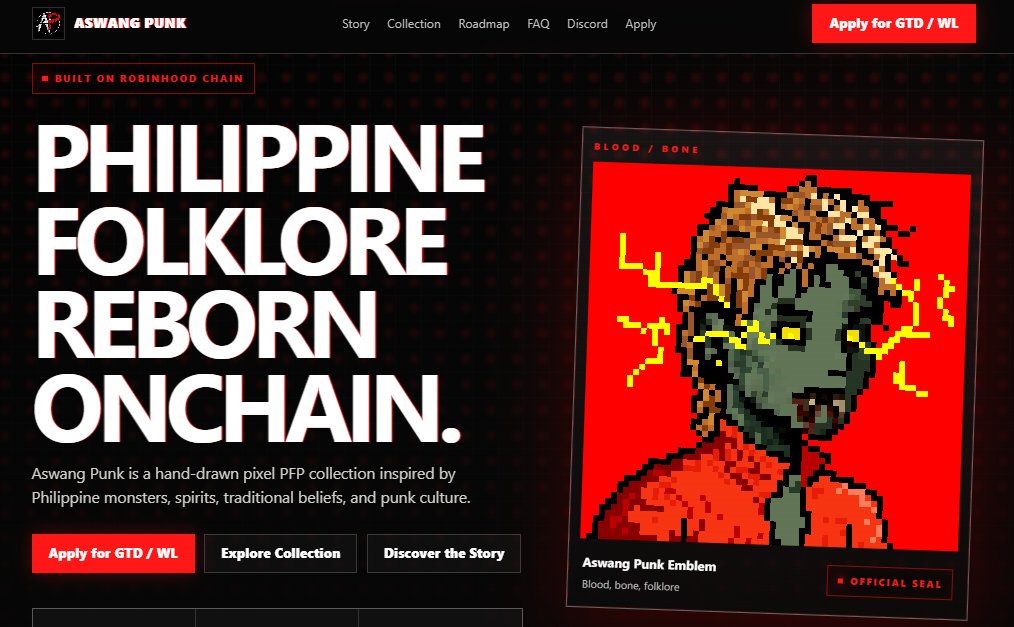 aswangpunknft's tweet photo. The Aswang Punk website is now live. 🩸

You can now apply for GTD or Whitelist directly on the website.

Complete the required tasks, submit your proof, and drop your EVM wallet for review.

🔗 https://t.co/CzoSYi9pm0

Philippine folklore. Pixel by pixel. Immortalized onchain.
#AswangPunk #NFT #NFTCommunity #PixelArt #RobinhoodChain #Web3