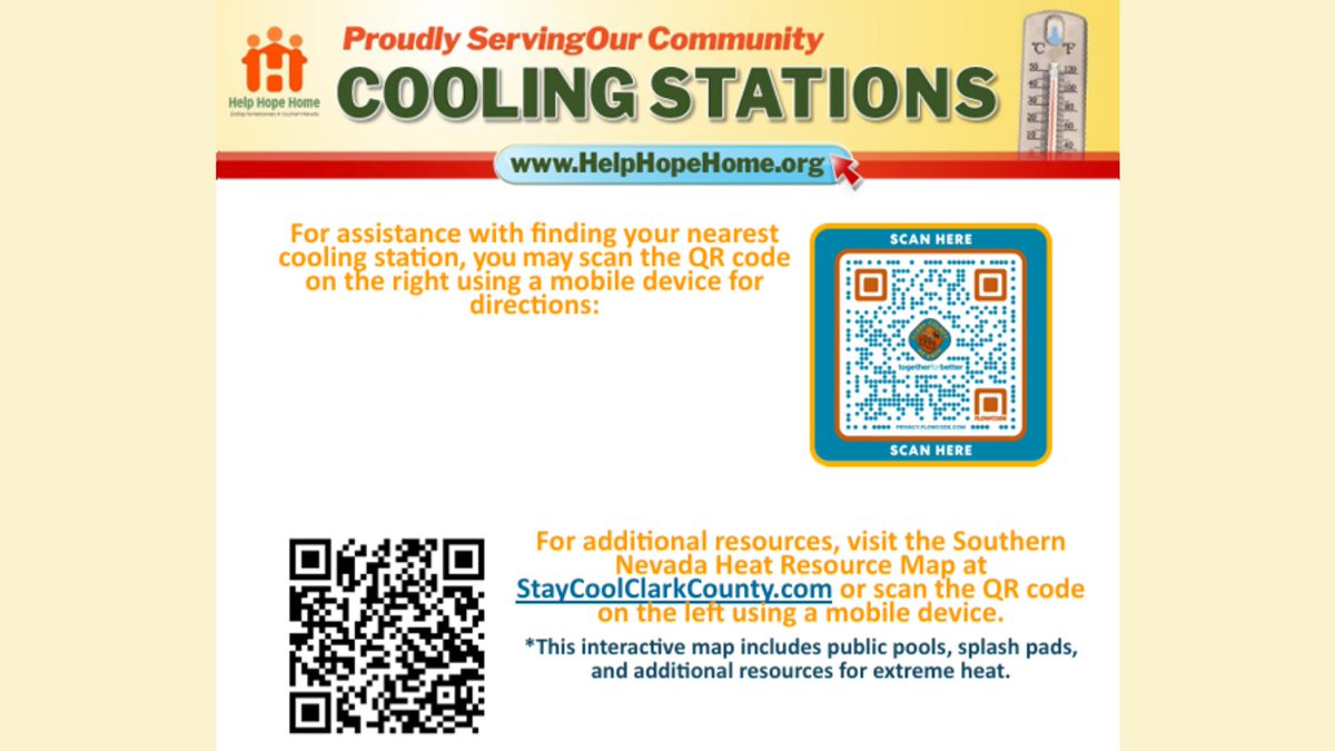 ClarkCountyNV's tweet photo. #WeatherAlert 🚨Due to the ongoing intense heat risk, cooling stations across Las #Vegas and #ClarkCounty will now be open through at least August 5 for people in need of a cool, indoor space to escape the heat.

Additional information⬇️
https://t.co/wbTQnbdVe3. https://t.co/kt0UXnAENv