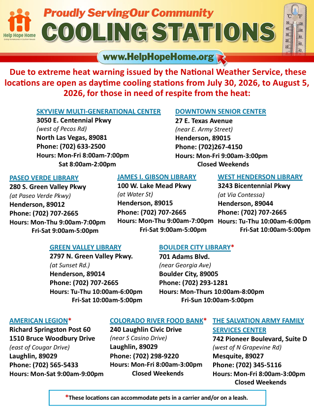 ClarkCountyNV's tweet photo. #WeatherAlert 🚨Due to the ongoing intense heat risk, cooling stations across Las #Vegas and #ClarkCounty will now be open through at least August 5 for people in need of a cool, indoor space to escape the heat.

Additional information⬇️
https://t.co/wbTQnbdVe3. https://t.co/kt0UXnAENv