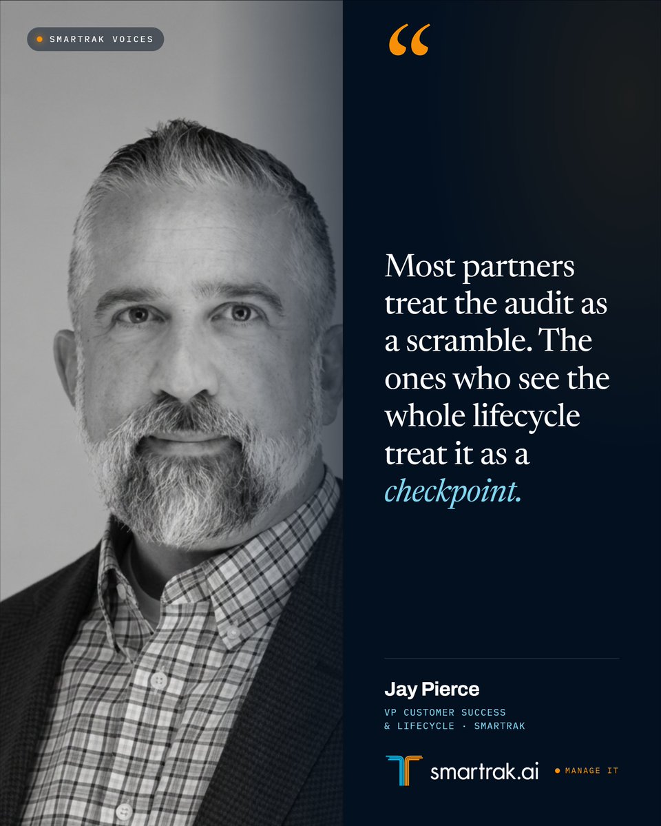 SmarTrakAI's tweet photo. Audit readiness shouldn't start when the audit does.

When you can see every lifecycle stage and what needs attention, the audit becomes a checkpoint, not a scramble.

A POV from Jay Pierce, VP Customer Success & Lifecycle at SmarTrak.

#CiscoPartners #LifecycleIntelligence #SmarTrakAI