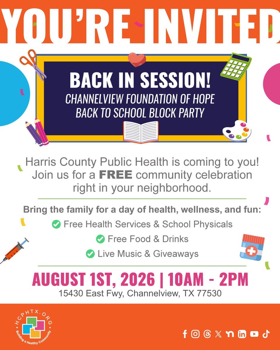 hcphtx's tweet photo. Join us for a FREE community celebration right in your neighborhood! 🏘️

Bring the family for a day of health, wellness, and fun. 
Free Health Services, School Physicals, AND Food & Drinks!

Date: August 1, 2026 | Time: 10AM - 2PM
Location: 15430 East Fwy, Channelview, TX 77530

🤝 @HarrisCoPct2