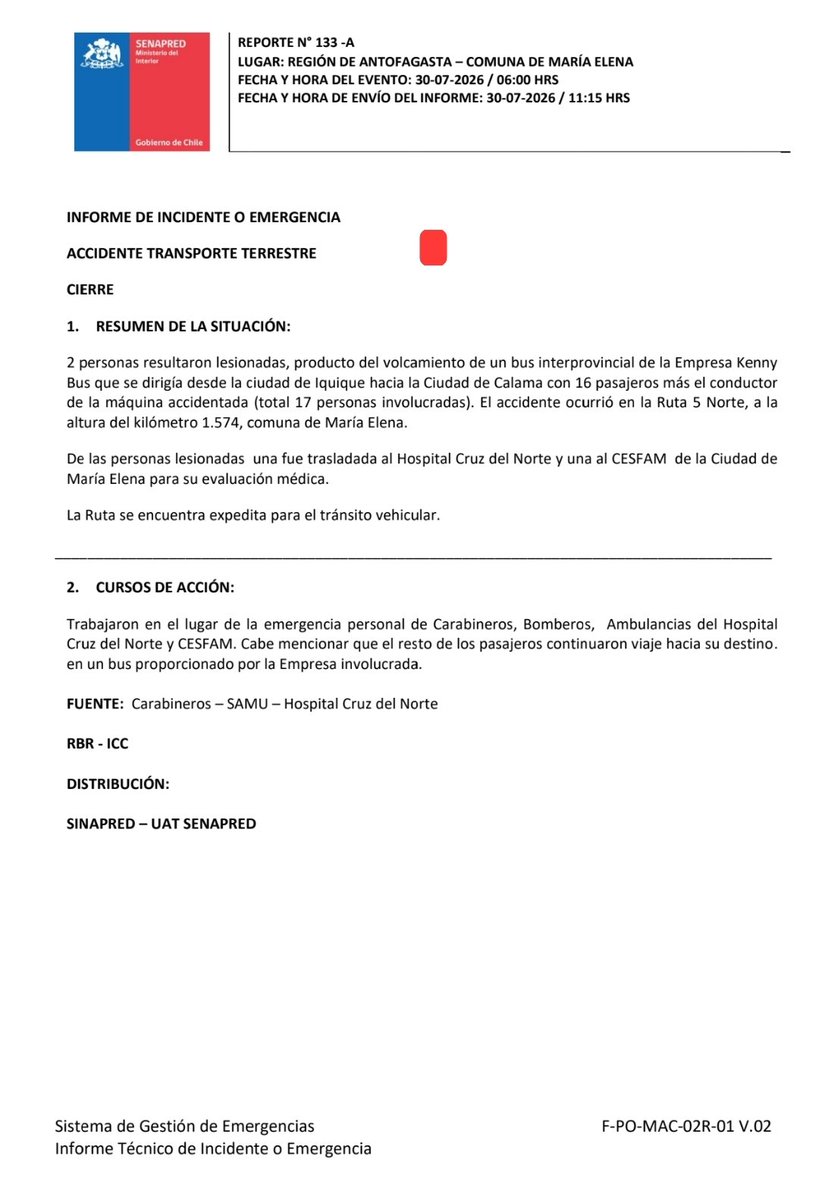 OMEGA_Antof's tweet photo. #MariaElena #Antofagasta
Estimad@s
Junto con saludar, se adjunta Informe Técnico N° 133-A: (Cierre) Accidente Transporte Terrestre - Comuna de María Elena
Atentamente,
*Unidad Regional de Alerta Temprana SENAPRED Antofagasta* https://t.co/RSdF4XfSFb