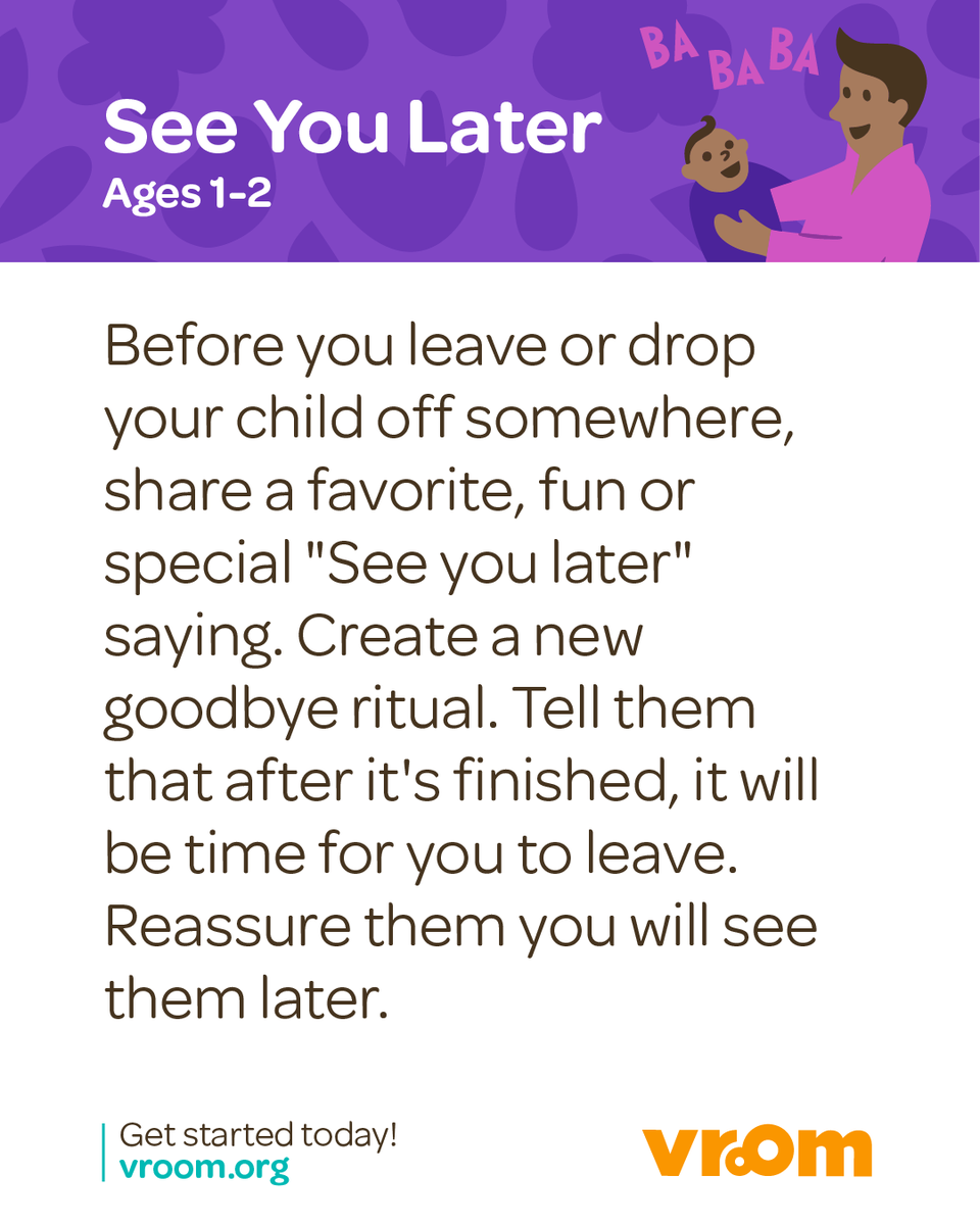 joinvroom's tweet photo. Goodbyes are hard. A favorite rhyme, routine, or ritual can help. 💜

This Vroom Tip turns everyday transitions into moments of comfort and connection for you and your toddler. 🫶 https://t.co/cVMQa0sKeq