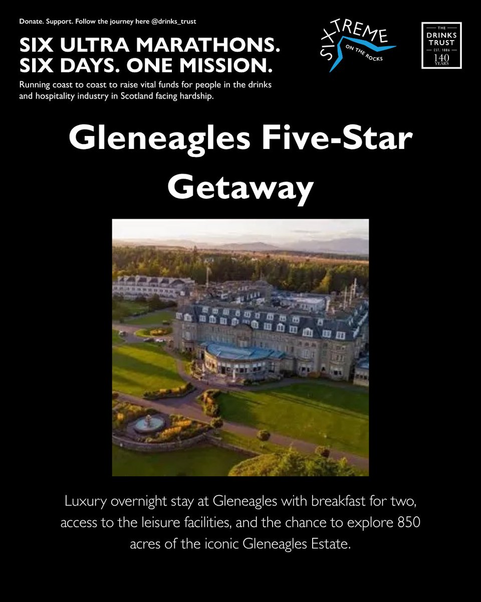 drinks_trust's tweet photo. It’s Day 4 of Neil Barker’s extraordinary challenge, completing 6 ultramarathons over 6 days. Show your support by bidding on an overnight stay at the luxurious Gleneagles Estate, complemented with breakfast for 2 and use of the hotel leisure facilities.
https://t.co/DO63inM13t https://t.co/gWN6mmdP2W
