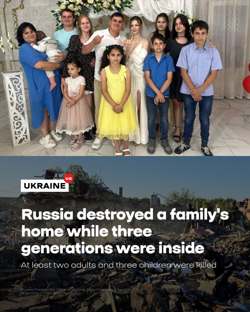 ukraine_ua's tweet photo. A Russian ballistic missile hit a family home in Radushne in the Dnipro region. Inside were three generations of the Voronov family: parents Olena and Artem; seven of their children; and their one-and-a-half-year-old grandson, whose father is defending Ukraine.

As of now, it has been confirmed that Olena, Artem, and three of their children were killed by Russia's attack. The force of the explosion left almost nothing of the house. The other family members are still unaccounted for.

This was yet another Russian attack on an ordinary home.
Yet another Russian attack on an ordinary family.
Yet another Russian attack on life itself.

Every delay in providing Ukraine with the means to intercept ballistic missiles has a human cost. Air defence saves lives.

Eternal memory to all the lives lost 🕯️