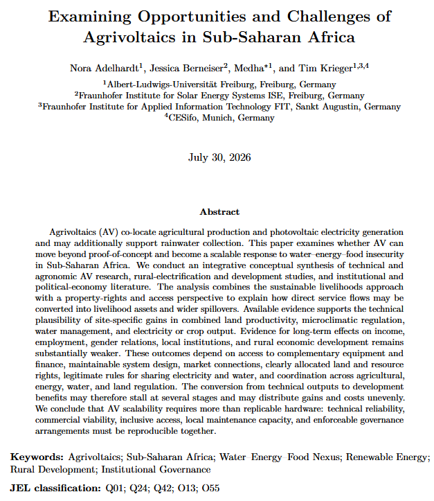 TimKriegerFR's tweet photo. 🚨Working Paper Alert🚨

Thoroughly revised version of

“Examining Opportunities and Challenges of Agrivoltaics in Sub-Saharan Africa”

now available!

Link: https://t.co/i5C1D8ungh

#Agrivoltaics #SubSaharanAfrica #RenewableEnergy #RuralDevelopment https://t.co/uqtawCUJS1