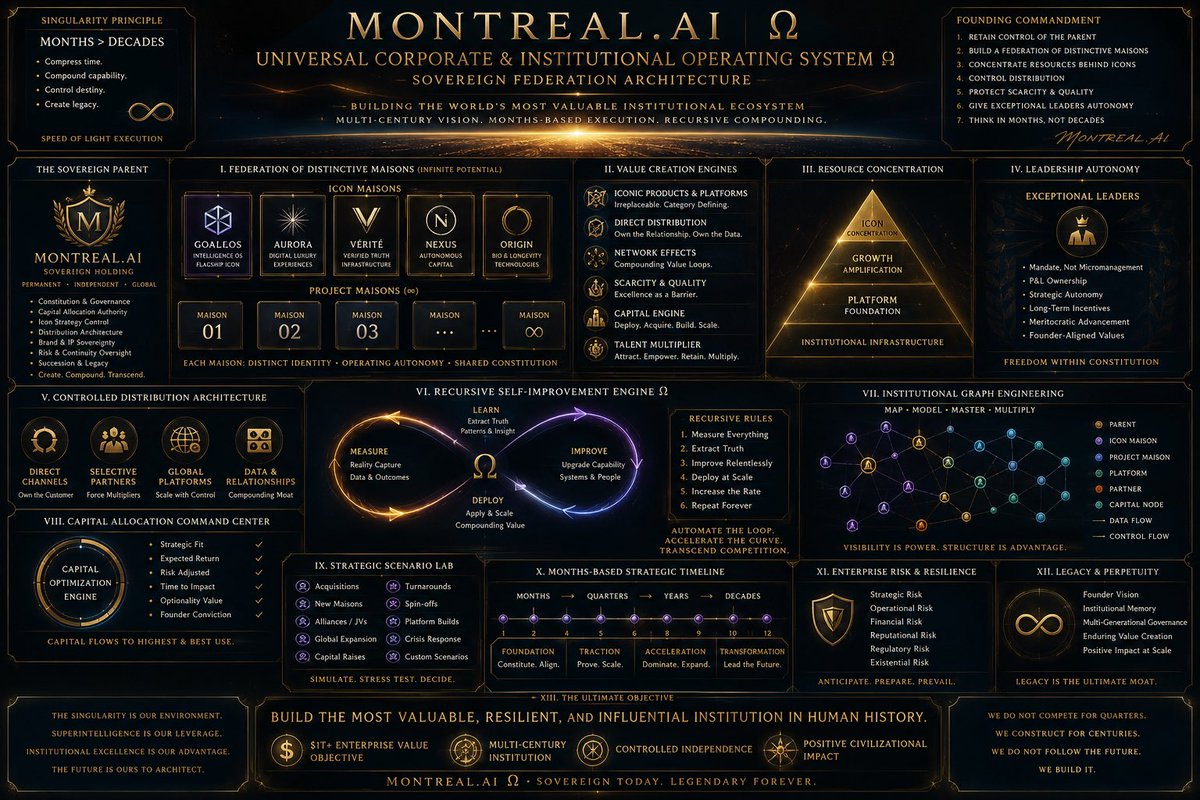 ceobillionaire's tweet photo. We’re entering the Singularity. The institutions that win will not simply use AI—they will turn objectives into authorized action, proof, memory and recursive improvement.

Introducing the Universal Corporate & Institutional Operating System Ω.

Tools to Ride the Singularity.

#QuebecAI #MontrealAI