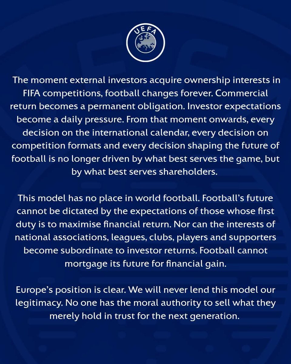 UnplayableZA's tweet photo. 𝗕𝗥𝗘𝗔𝗞𝗜𝗡𝗚‼️

#UEFA Nations say they'll NOT participate in FIFA Competitions.

"The World Cup is not for sale" 👇

#UNPLAYABLE https://t.co/b0OJP3voWm